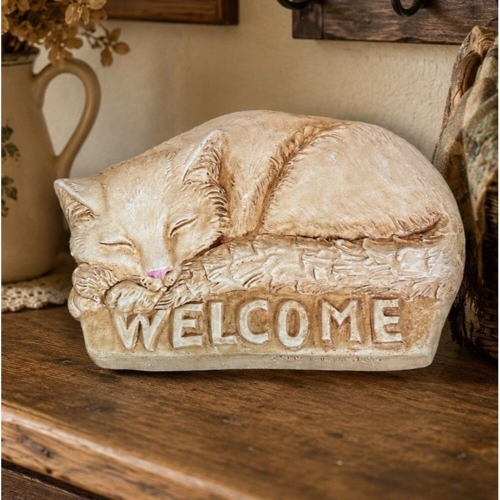 Stone Bunny Welcome Kitty Sleeping Cat Wall Plaque Telle M Stein Reproduction